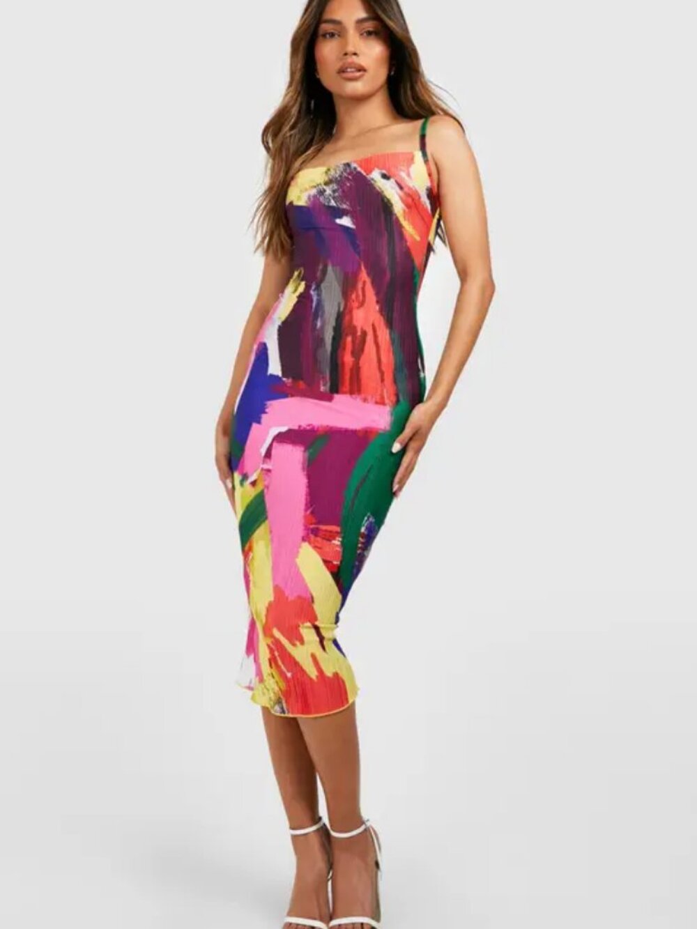 Boohoo Abstract Plisse Cowl Neck Midi Dress NWT Size 8 Multi Color